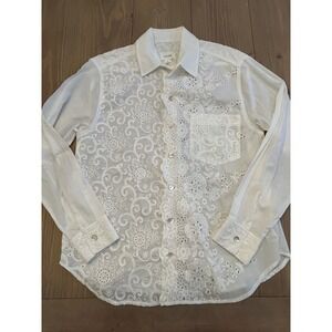G37 RG Kane Women White Cotton Eyelet Embroidered Button Down Shirt Blouse S